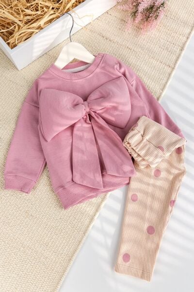 Fiyonklu 100% Pamuk 2'li Kız Bebek  Takım Pembe