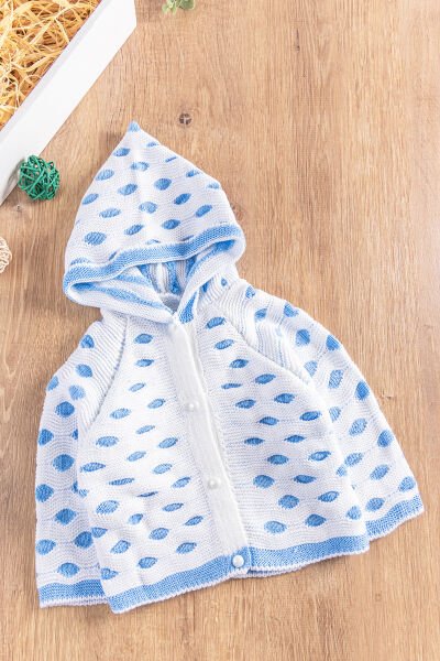 Kapüşonlu Puantiyeli  Kız/Erkek Bebek Triko Hırka MAVİ -  6-9 AY