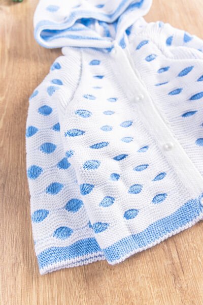 Kapüşonlu Puantiyeli  Kız/Erkek Bebek Triko Hırka MAVİ -  6-9 AY