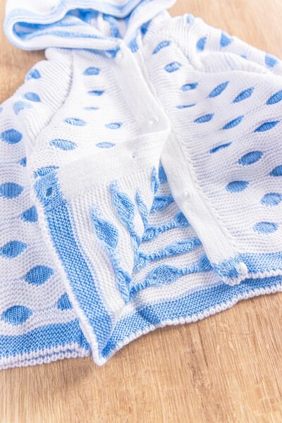 Kapüşonlu Puantiyeli  Kız/Erkek Bebek Triko Hırka MAVİ -  6-9 AY