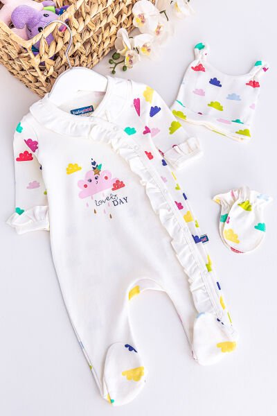 Kız Bebek Tulum Bulut Temalı 3 Parça Kız Bebek Tulum Takım