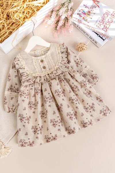 Çiçek Desenli Fırfırlı !00% Pamuk Şık Kız Bebek Elbise