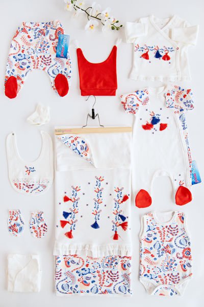 Babymod Layette Kanaviçe İşlemeli Tulumlu Kız Bebek Hastane Çıkışı Zıbın Seti Kırmızı-Bej -  0-3 AY