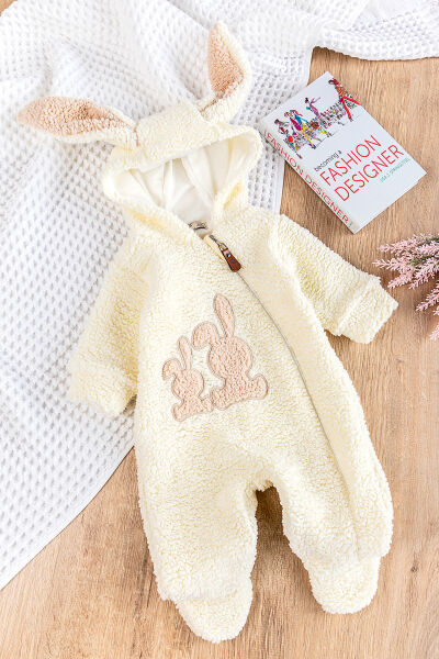 Tavşan İşlemeli Kapüşonlu Welsoft Peluş Kışlık Kız Bebek Tulum KREM - 3-6 AY