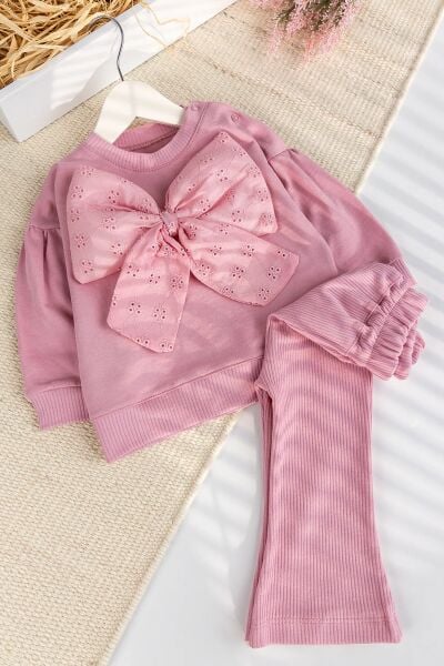 Fiyonklu 100% Pamuk 2'li Kız Bebek  Takım Pembe