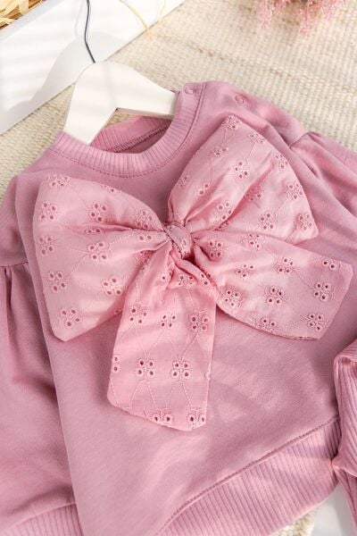 Fiyonklu 100% Pamuk 2'li Kız Bebek  Takım Pembe