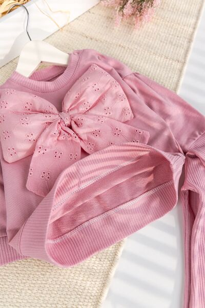 Fiyonklu 100% Pamuk 2'li Kız Bebek  Takım Pembe