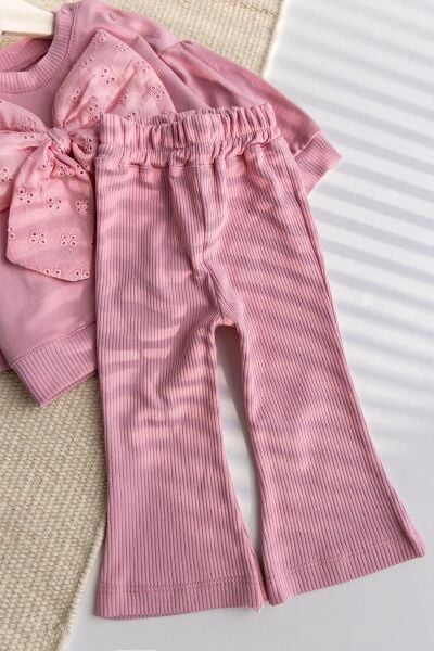 Fiyonklu 100% Pamuk 2'li Kız Bebek  Takım Pembe