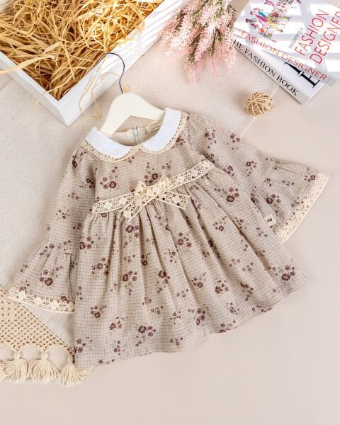 Bebe Yaka Dantelli 100% Pamuk Şık Kız Bebek Elbise