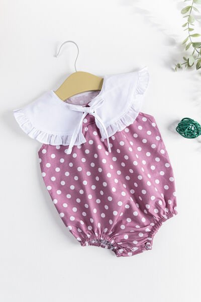 Puantiye Desenli Bebe Yakalı Kız Bebek Tulum