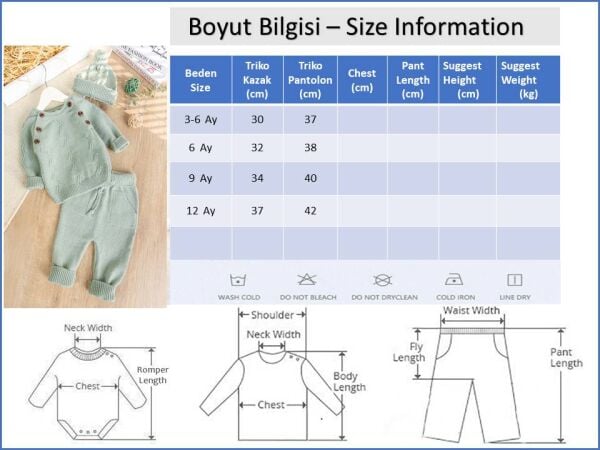 Triko Düğme İliklemeli Kışlık Örgü Erkek Bebek Takım BEJ -  12 Ay