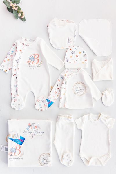 Organik Çiçek İşlemeli 10 Parça Kız Bebek Hastane Çıkışı Bebek Seti