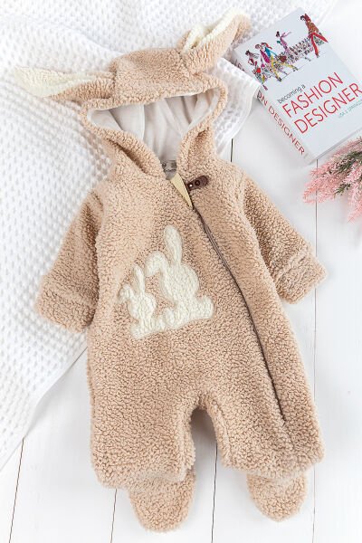 Tavşan İşlemeli Kapüşonlu Welsoft Peluş Kışlık Kız Bebek Tulum BEJ -  6-9 AY