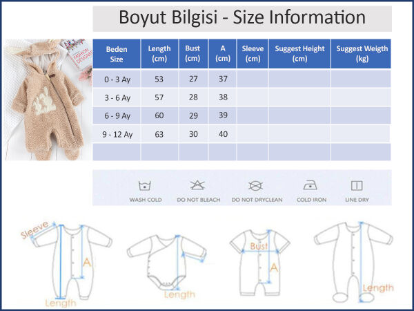 Tavşan İşlemeli Kapüşonlu Welsoft Peluş Kışlık Kız Bebek Tulum BEJ -  9-12 AY