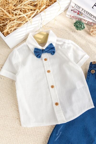 Papyonlu Denim ŞıkYazlık Kot Erkek Bebek Salopet Tulum takım