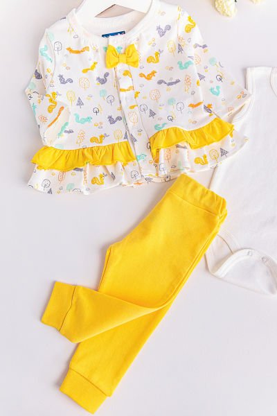 Kız Bebek Takım Sincap Temalı Fırfırlı 3 Parça Kız Bebek Takım