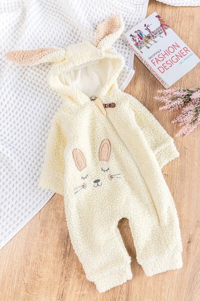Tavşan Figürlü Kapüşonlu Welsoft Peluş Kışlık Kız Bebek Tulum KREM -  6-9 AY
