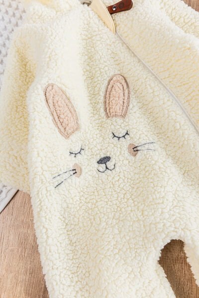 Tavşan Figürlü Kapüşonlu Welsoft Peluş Kışlık Kız Bebek Tulum KREM -  6-9 AY