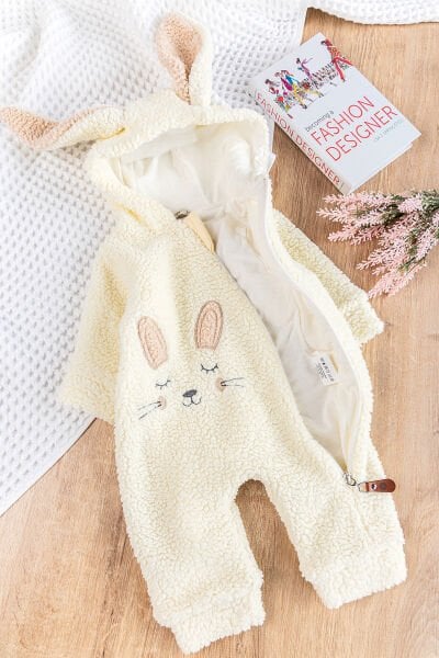 Tavşan Figürlü Kapüşonlu Welsoft Peluş Kışlık Kız Bebek Tulum KREM -  6-9 AY