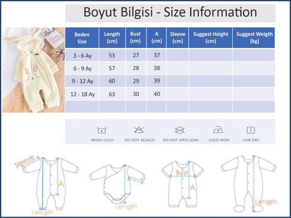 Tavşan Figürlü Kapüşonlu Welsoft Peluş Kışlık Kız Bebek Tulum KREM -  6-9 AY