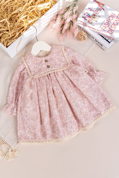 Kabartma Çiçekli Dantelli 100% Pamuk Özel Gün Kız Bebek Elbise