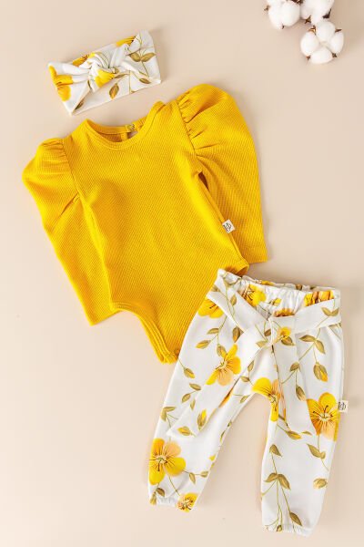 Çiçek Desenli Bandanalı Pamuklu 3'lü Kız Bebek Takım SARI -  6-9 AY
