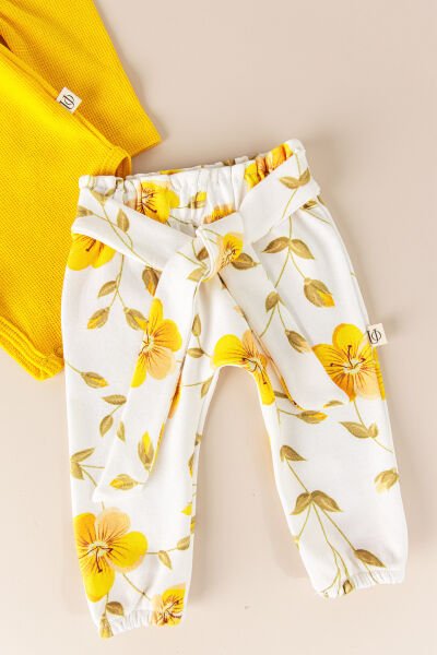 Çiçek Desenli Bandanalı Pamuklu 3'lü Kız Bebek Takım SARI -  6-9 AY