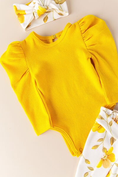 Çiçek Desenli Bandanalı Pamuklu 3'lü Kız Bebek Takım SARI -  6-9 AY