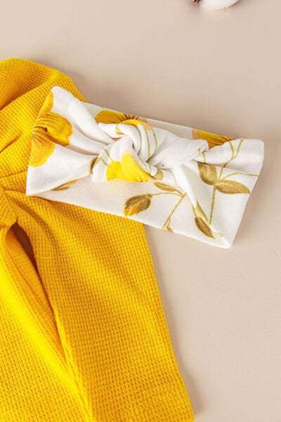 Çiçek Desenli Bandanalı Pamuklu 3'lü Kız Bebek Takım SARI -  6-9 AY