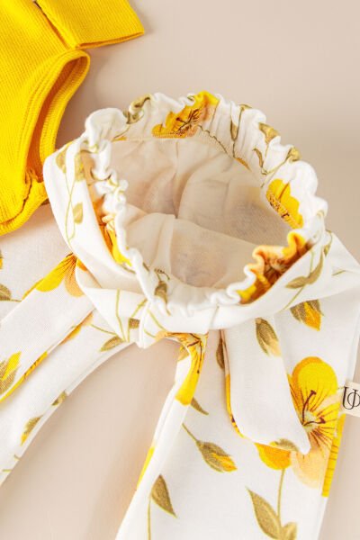 Çiçek Desenli Bandanalı Pamuklu 3'lü Kız Bebek Takım SARI -  6-9 AY