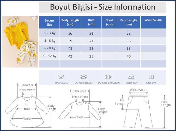 Çiçek Desenli Bandanalı Pamuklu 3'lü Kız Bebek Takım SARI -  6-9 AY