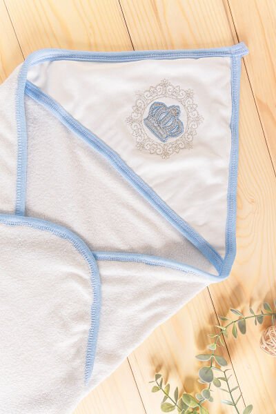Taç İşlemeli Kız/Erkek Bebek Silinme Havlusu MAVİ -  Tek Ebat