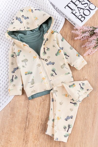 Araba Figürlü Kapüşonlu Hırkalı 3'lü Erkek Bebek Takım