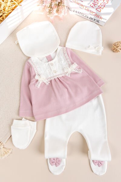 Fistolu 100% Pamuk Kız Bebek Takım 5'li Set Gül kurusu - 3-6 AY