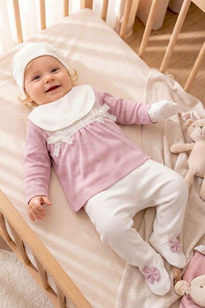 Fistolu 100% Pamuk Kız Bebek Takım 5'li Set Gül kurusu - 3-6 AY