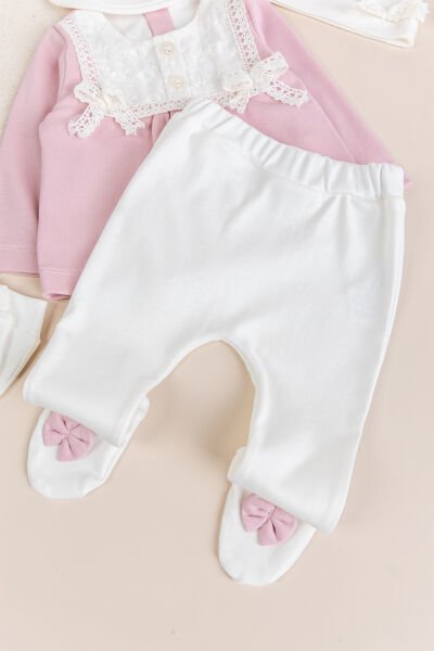 Fistolu 100% Pamuk Kız Bebek Takım 5'li Set Gül kurusu - 3-6 AY