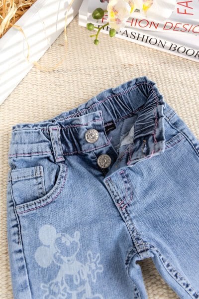 Fiğürlü Denim Pamuku  Şık Kot Kız Bebek Pantolon