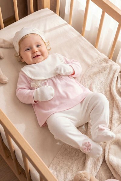 Fistolu 100% Pamuk Kız Bebek Takım 5'li Set PUDRA -  0-3 AY