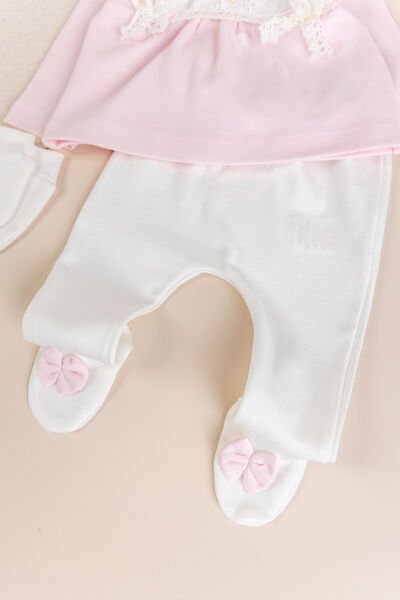 Fistolu 100% Pamuk Kız Bebek Takım 5'li Set PUDRA -  0-3 AY