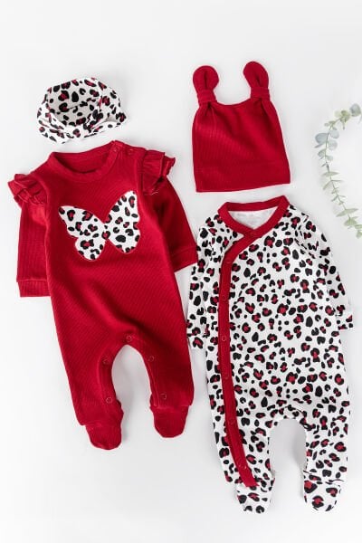 Kelebek İşlemeli Leopar Desenli 2'li Uzun Kollu Pamuklu Kız Bebek Tulum Takım