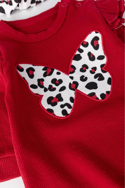 Kelebek İşlemeli Leopar Desenli 2'li Uzun Kollu Pamuklu Kız Bebek Tulum Takım