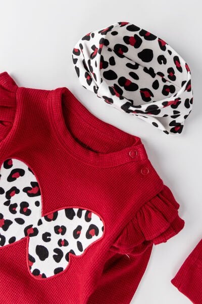 Kelebek İşlemeli Leopar Desenli 2'li Uzun Kollu Pamuklu Kız Bebek Tulum Takım
