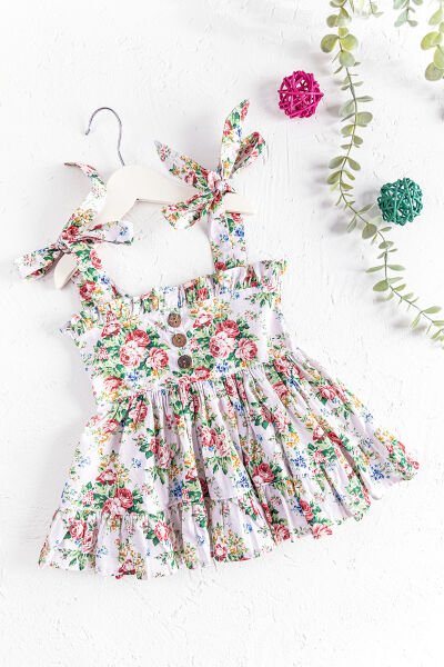 Çiçek Desenli Askılı Yazlık Kız Bebek/Çocuk Elbise