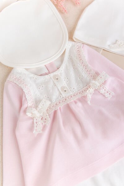 Fistolu 100% Pamuk Kız Bebek Takım 5'li Set PUDRA - 3-6 AY