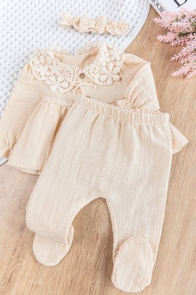 Güpür Yakalı Önden Düğmeli 3'lü Müslin Kız Bebek Hastane Çıkışı Bebek Takım