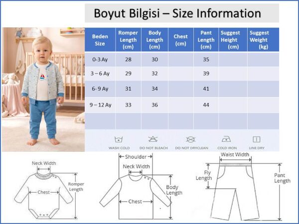 Balık Desenli 3'lü 100% Pamuk Erkek Bebek Takım Set MAVİ -  0-3 AY