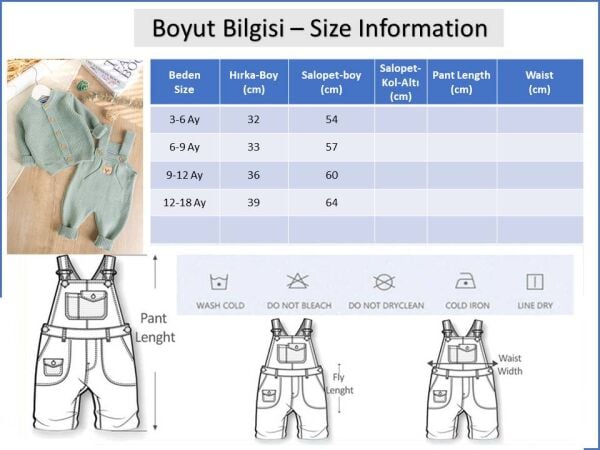 Triko Hırkalı 2'li Ayarlanabilir Askılı Örgü Erkek Bebek Salopet Tulum Takım Set BEJ -  12-18 AY