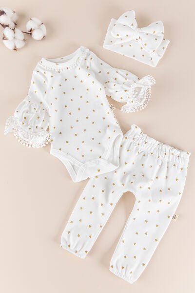 Yaldızlı Kalp Desenli Bandanalı 3'lü Kız Bebek Takım