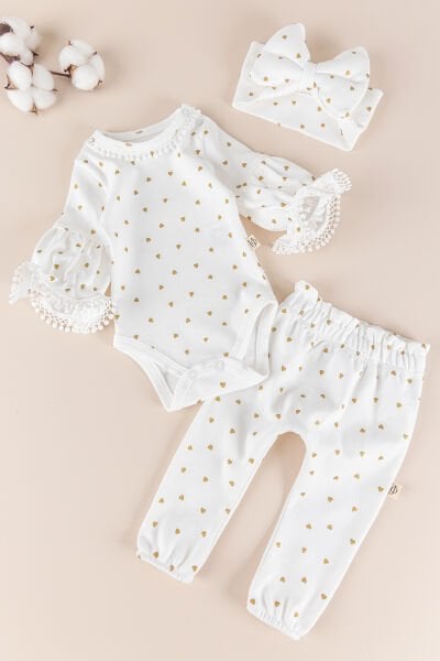 Yaldızlı Kalp Desenli Bandanalı 3'lü Kız Bebek Takım