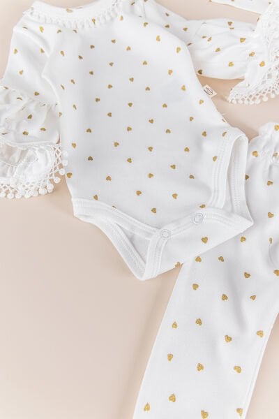 Yaldızlı Kalp Desenli Bandanalı 3'lü Kız Bebek Takım